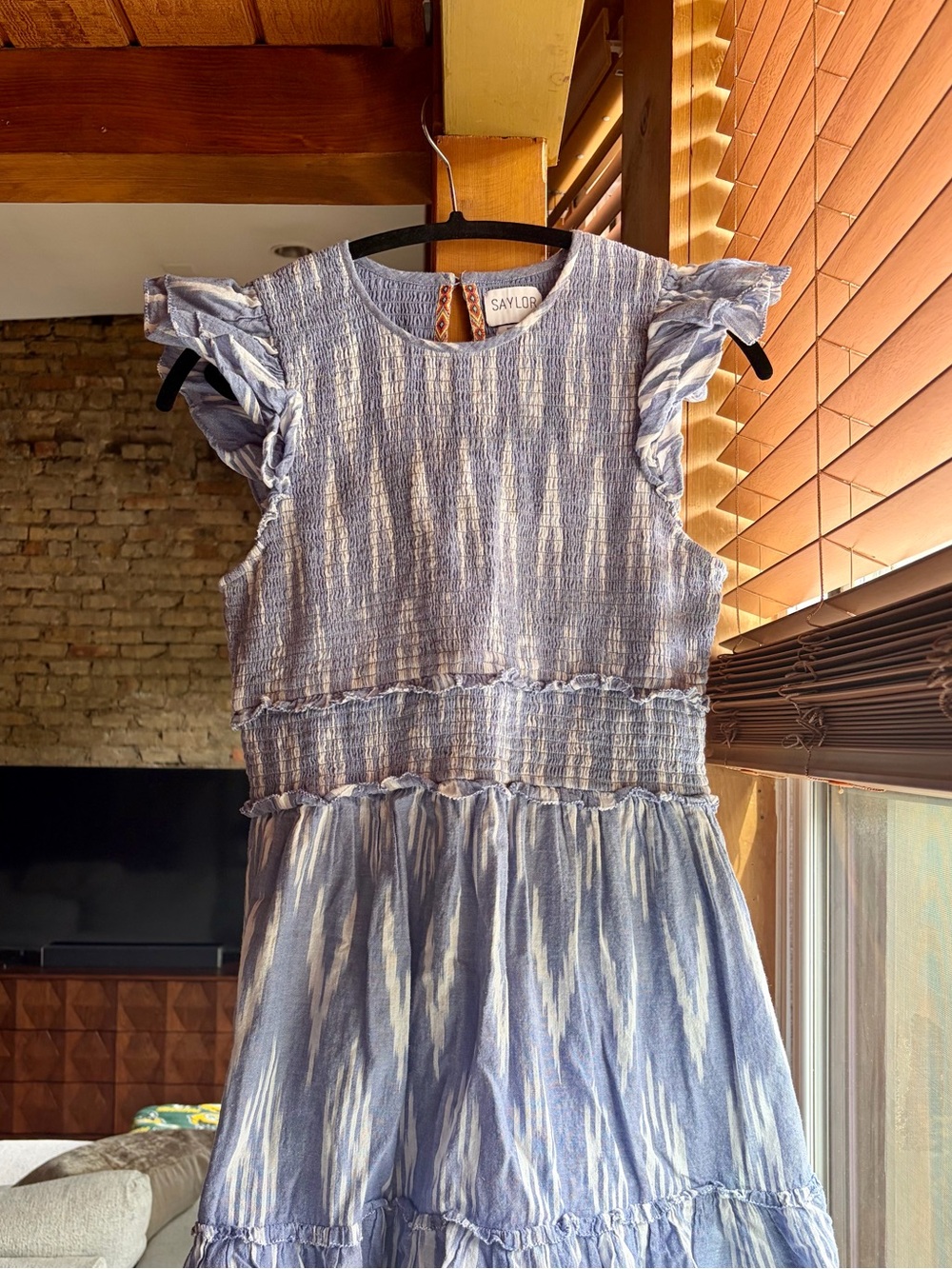 SAYLOR Light Blue Ikat Tiered Ruffle Dress
